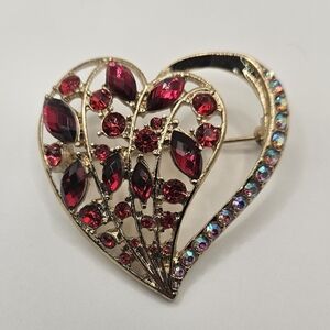 Vintage Napier Brooch Pin  Gold Tone Red & Iridescent Crystal Heart